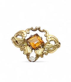 French Art Nouveau 14K Gold and Citrine Brooch with Seed Pearl, circa 1900