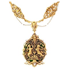 French Art Nouveau 18 Karat Gold Guilloche Enamel Pearl Locket Necklace