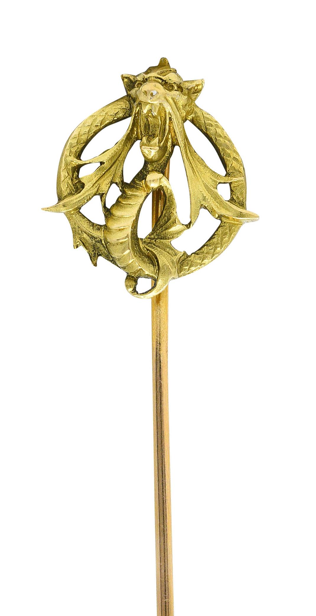 French Art Nouveau 18 Karat Green Gold Serpent Dragon Stickpin For Sale 2