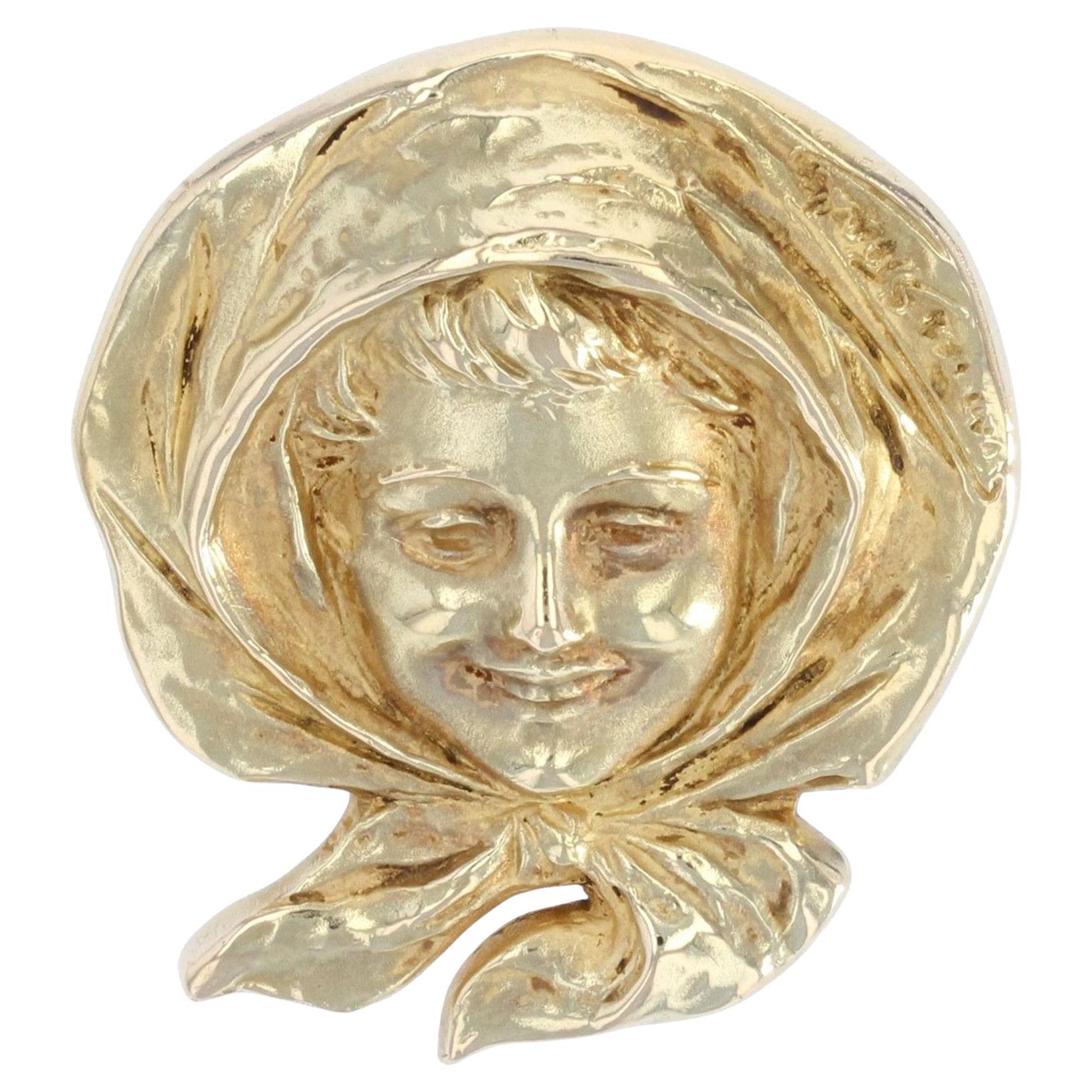 French Art Nouveau 18 Karat Yellow Gold Child
s Portrait Brooch