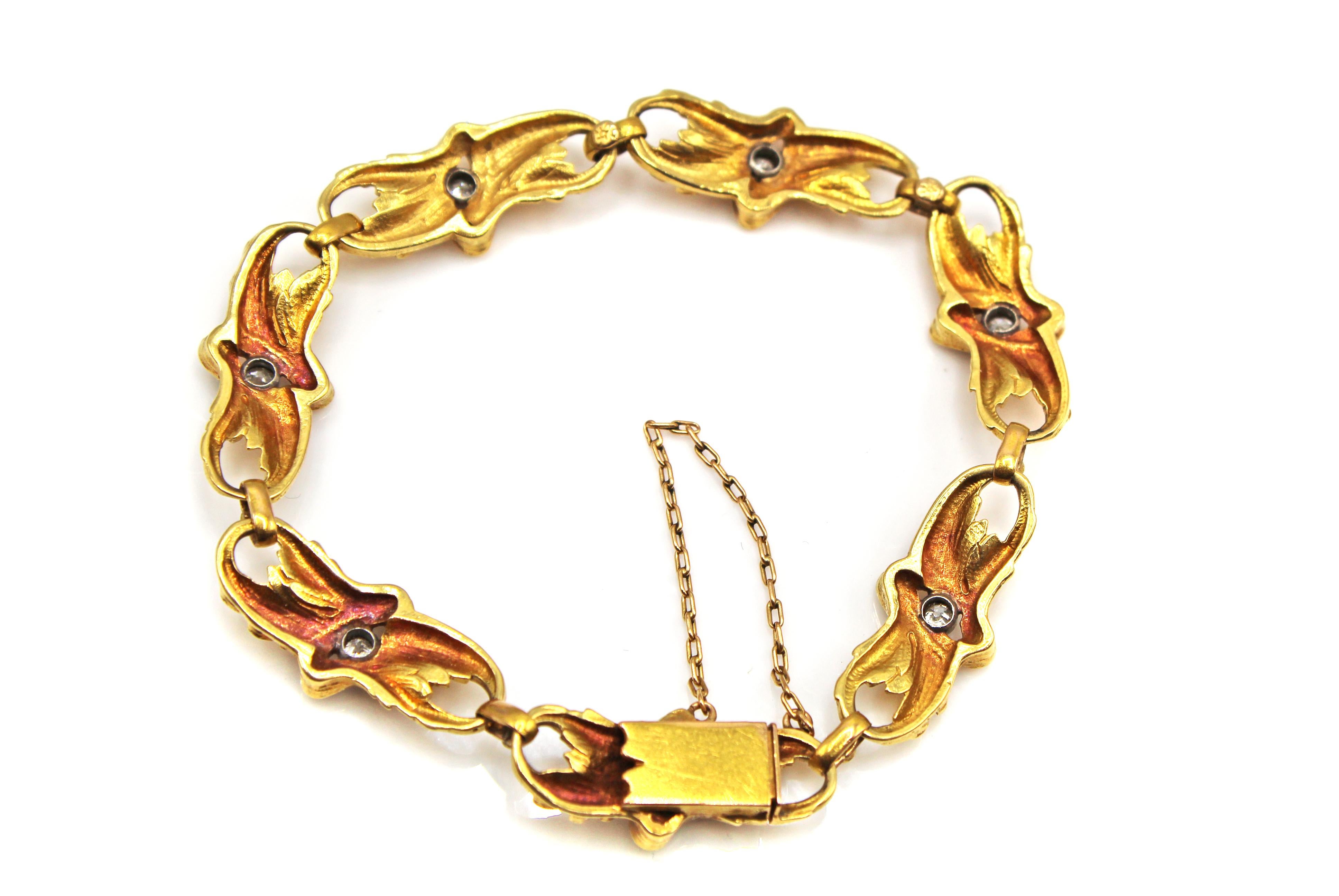 Old European Cut French Art Nouveau 18 Karat Yellow Gold Diamond Bracelet