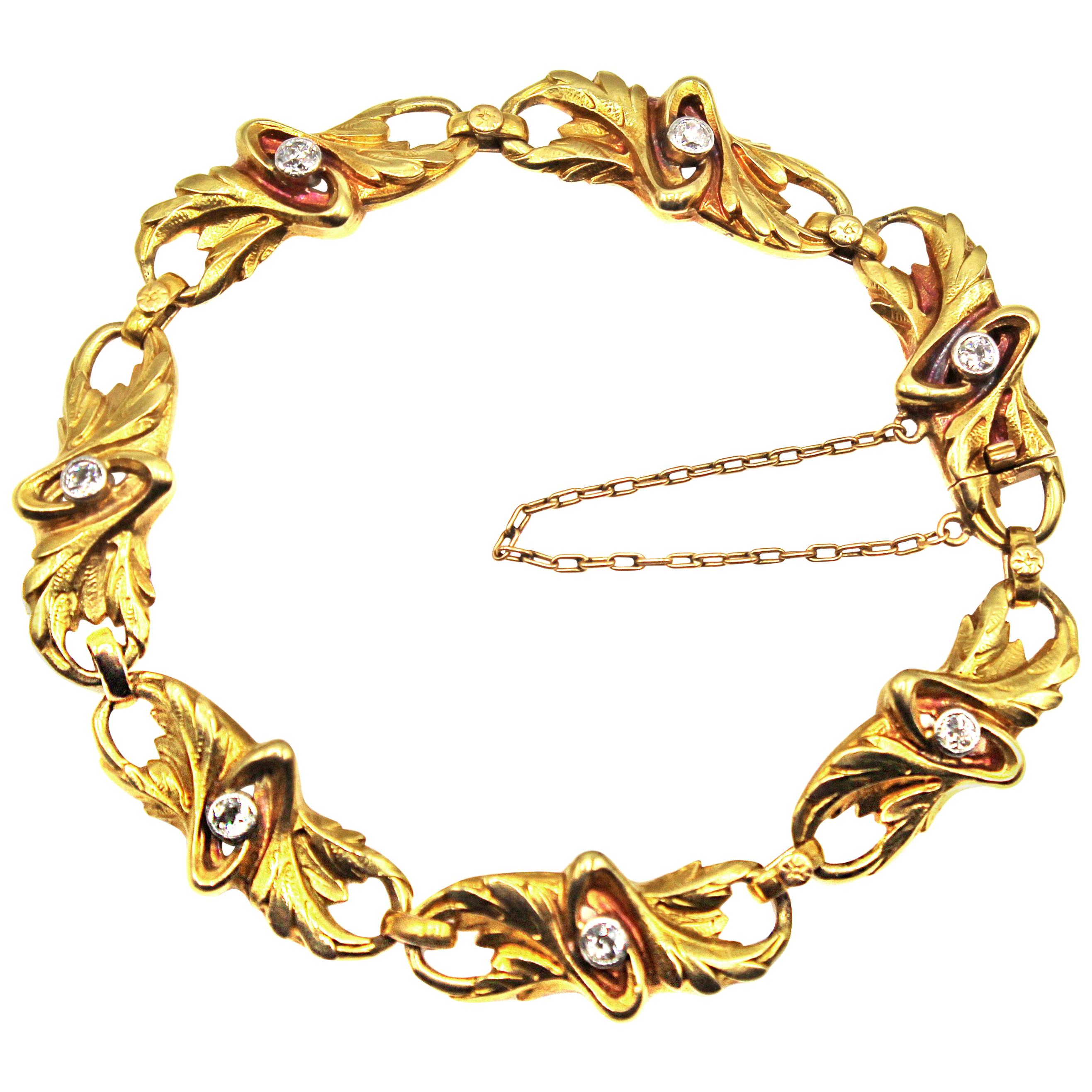 French Art Nouveau 18 Karat Yellow Gold Diamond Bracelet