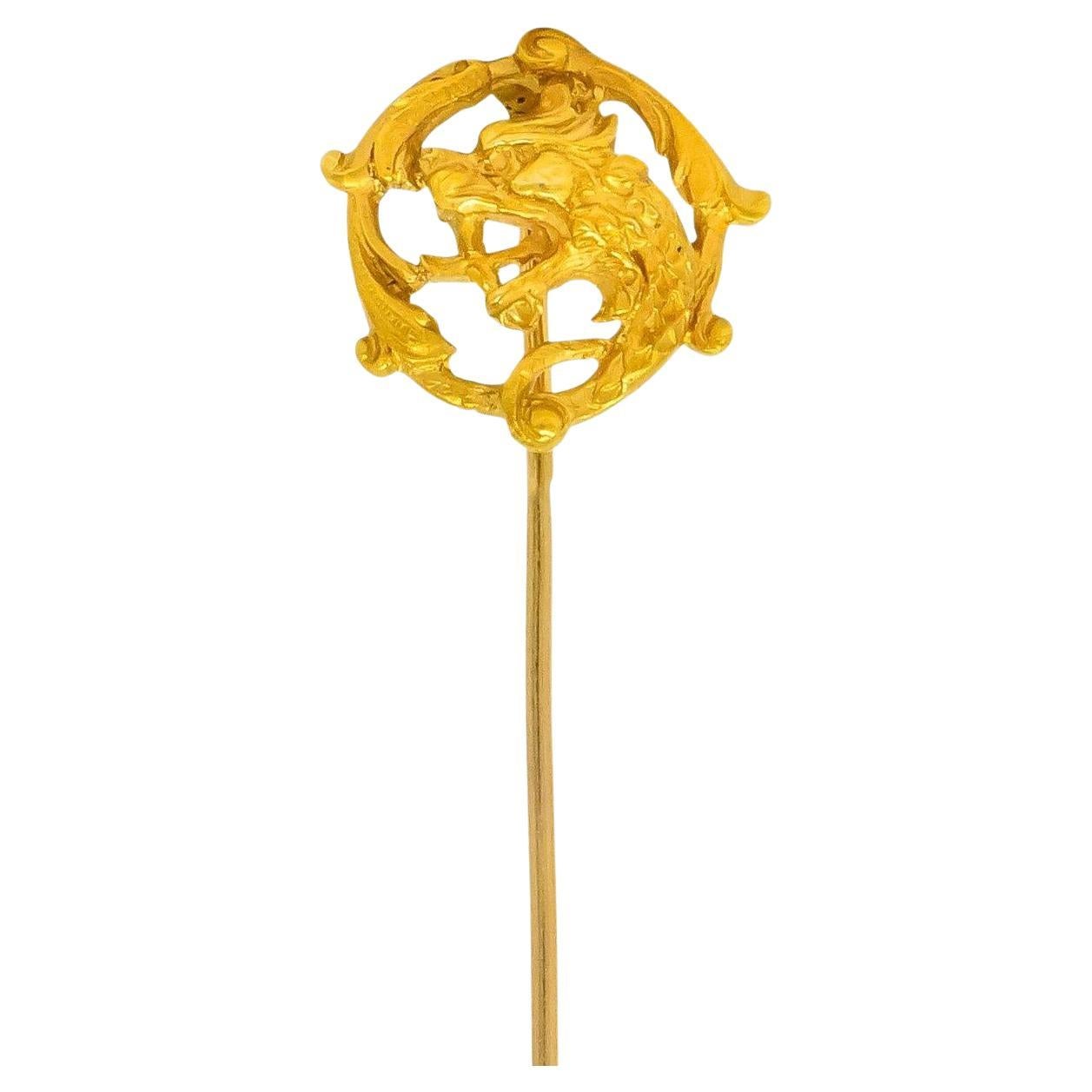 French Art Nouveau 18 Karat Yellow Gold Winged Lion Antique Stickpin