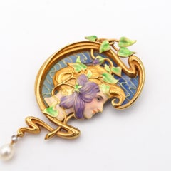 French Art Nouveau 1890 Plique à Jour Enameled Pendant Brooch 18Kt Gold & Pearl