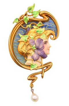 Antique French Art Nouveau 1890 Plique à Jour Enameled Pendant Brooch 18Kt Gold & Pearl