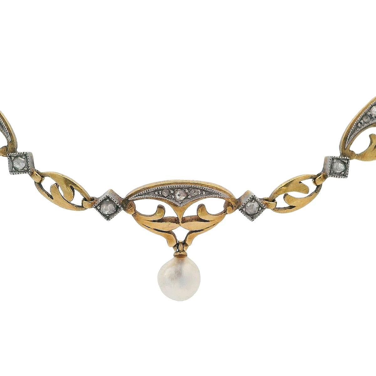Rose Cut FRENCH Art Nouveau 18k Gold & Platinum Necklace with Diamonds and Natural Pealrs For Sale