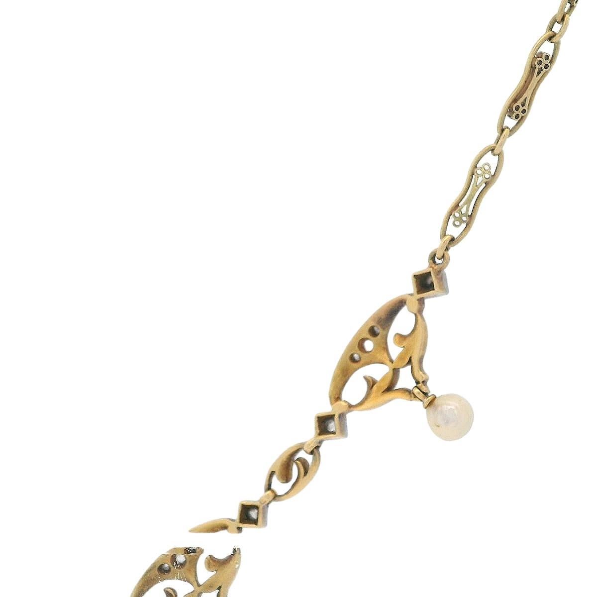 FRENCH Art Nouveau 18k Gold & Platinum Necklace with Diamonds and Natural Pealrs In Excellent Condition For Sale In Aventura, FL