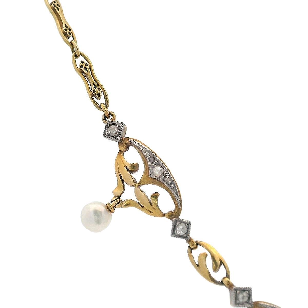 Women's or Men's FRENCH Art Nouveau 18k Gold & Platinum Necklace with Diamonds and Natural Pealrs For Sale