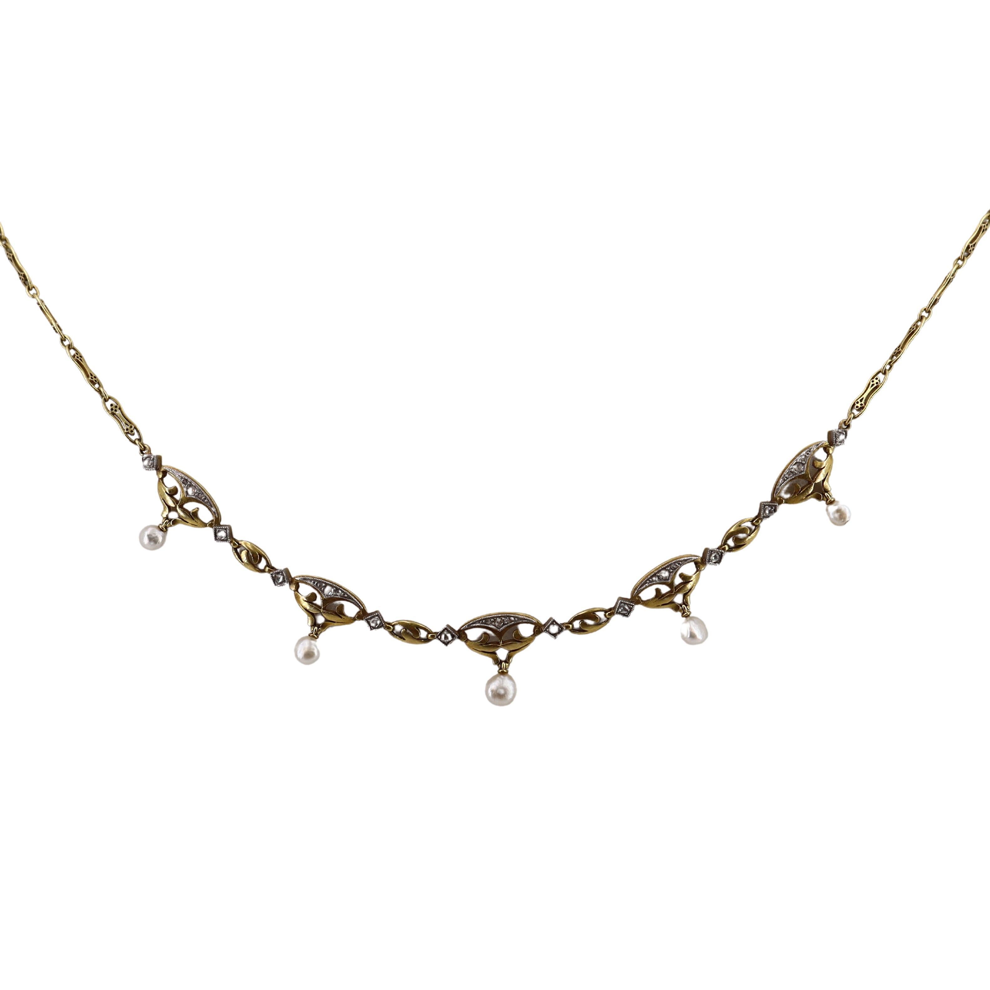 FRENCH Art Nouveau 18k Gold & Platinum Necklace with Diamonds and Natural Pealrs For Sale 1