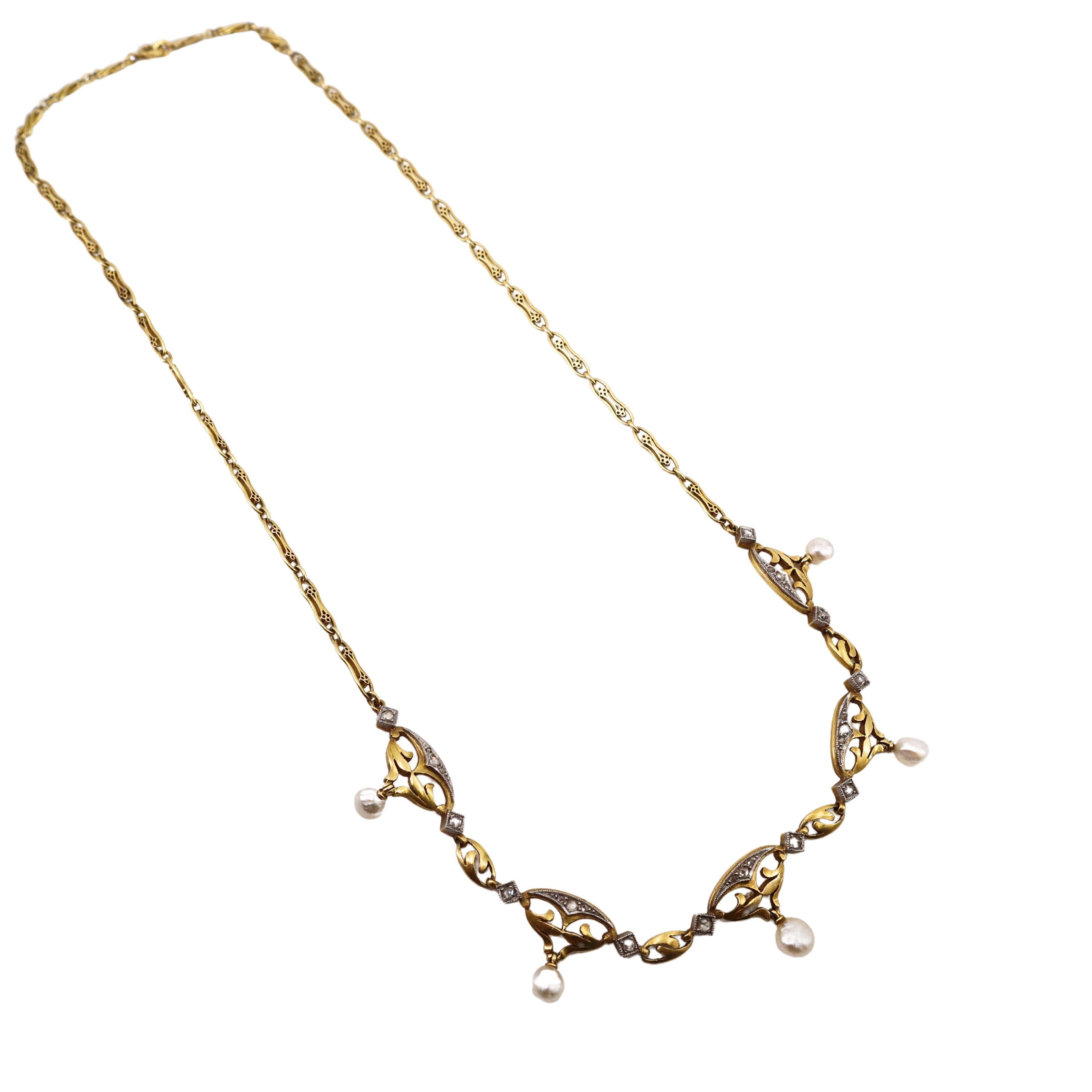 FRENCH Art Nouveau 18k Gold & Platinum Necklace with Diamonds and Natural Pealrs For Sale 2