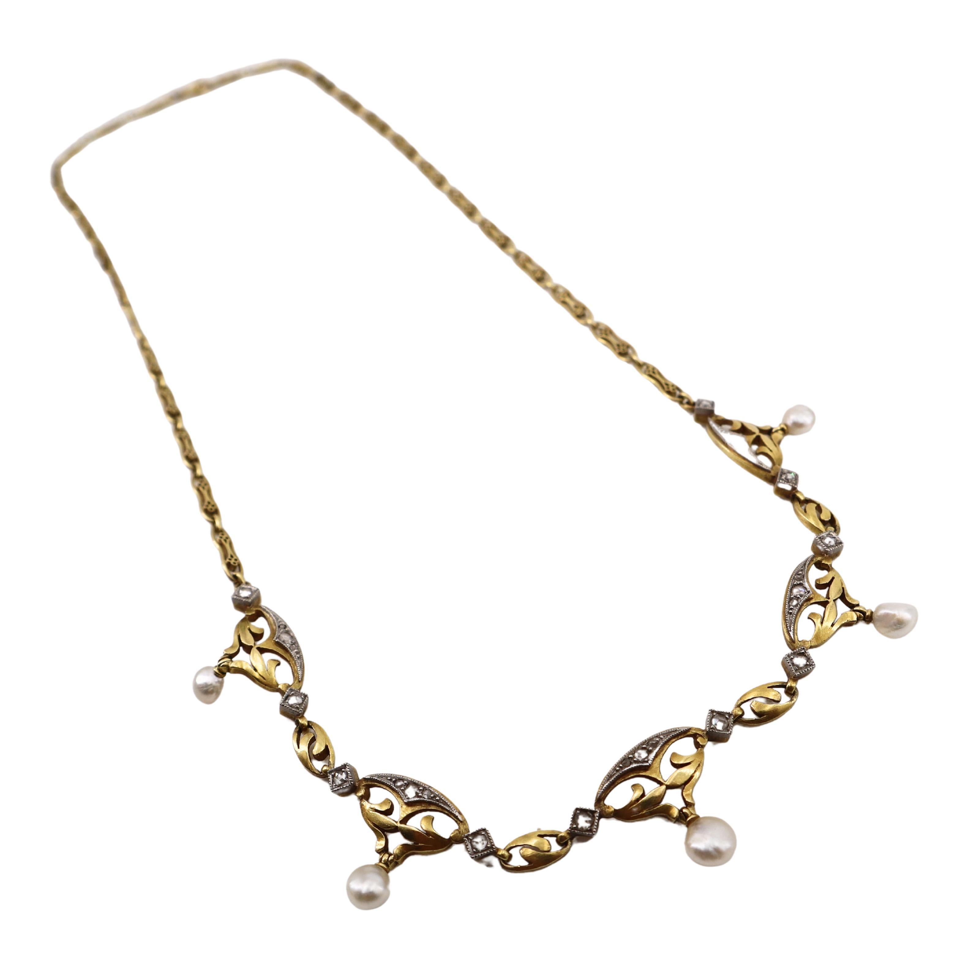 FRENCH Art Nouveau 18k Gold & Platinum Necklace with Diamonds and Natural Pealrs For Sale 3