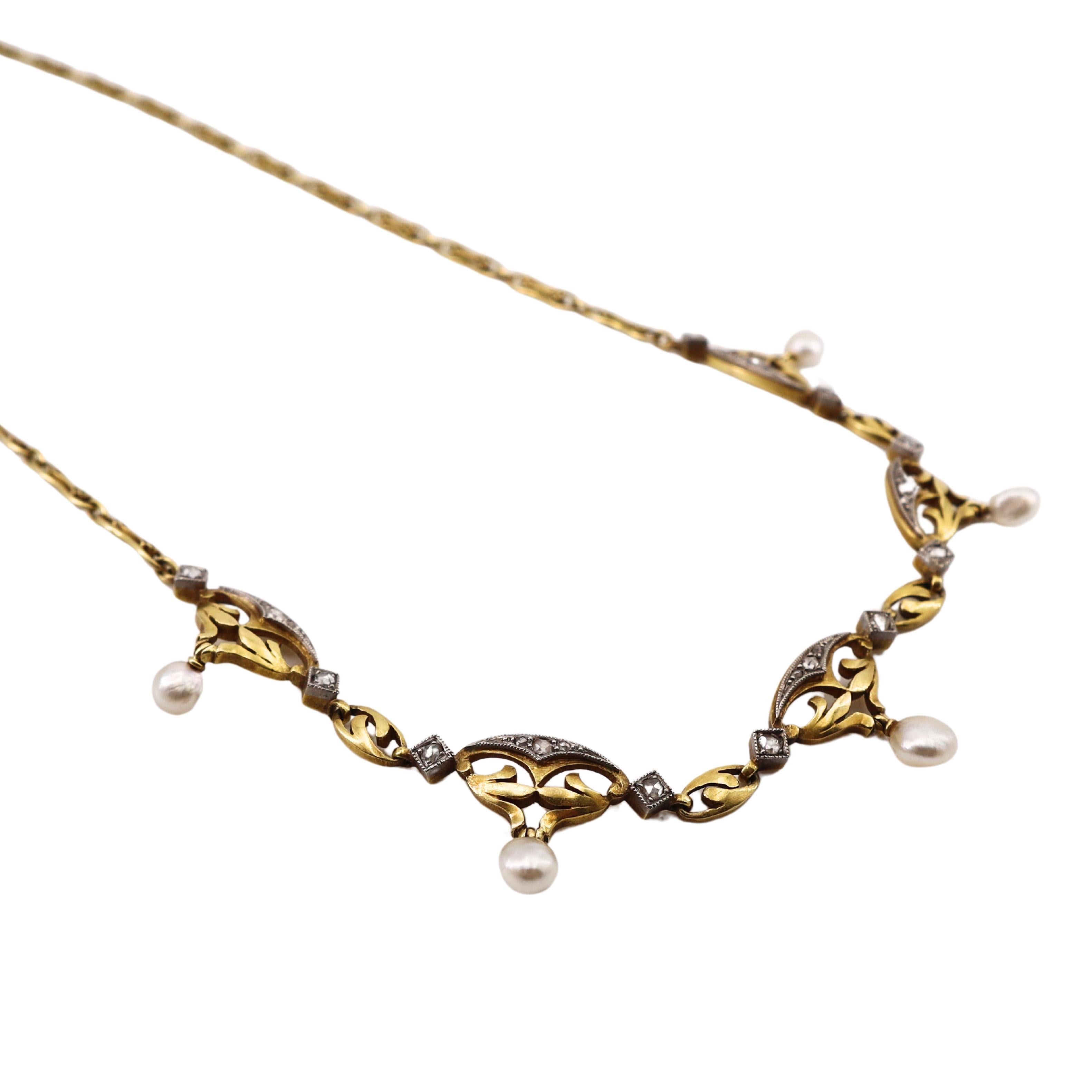 FRENCH Art Nouveau 18k Gold & Platinum Necklace with Diamonds and Natural Pealrs For Sale 4