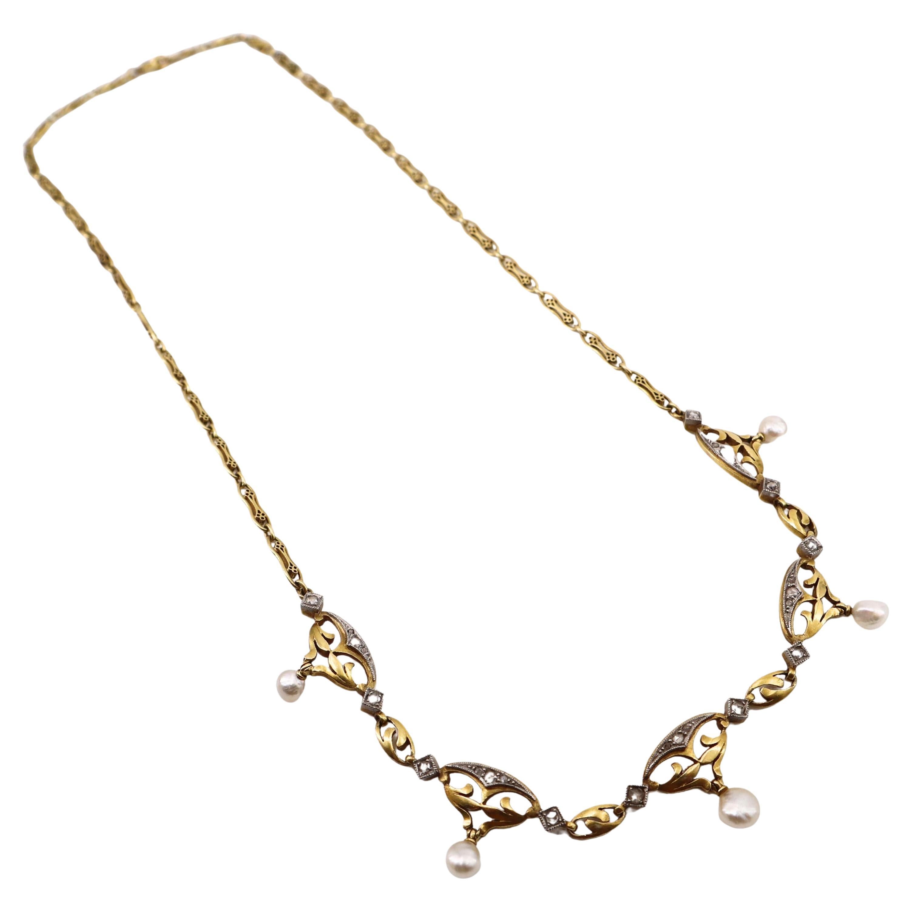 FRENCH Art Nouveau 18k Gold & Platinum Necklace with Diamonds and Natural Pealrs For Sale