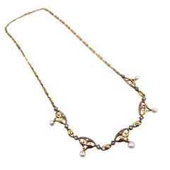 FRENCH Art Nouveau 18k Gold
Platinum Necklace with Diamonds and Natural Pearls