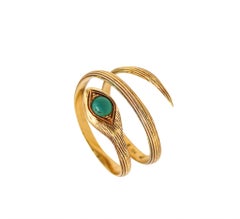 French Art Nouveau 1915 Snake Ring in 18Kt Yellow Gold with Round Chrysoprase