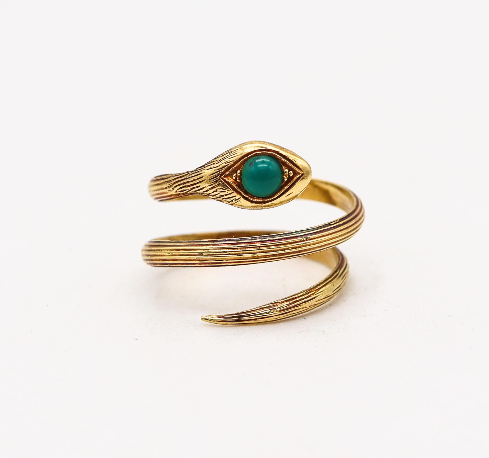 Round Cut French Art Nouveau 1915 Snake Ring in 18Kt Yellow Gold with Round Chrysoprase