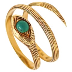 French Art Nouveau 1915 Snake Ring in 18Kt Yellow Gold with Round Chrysoprase