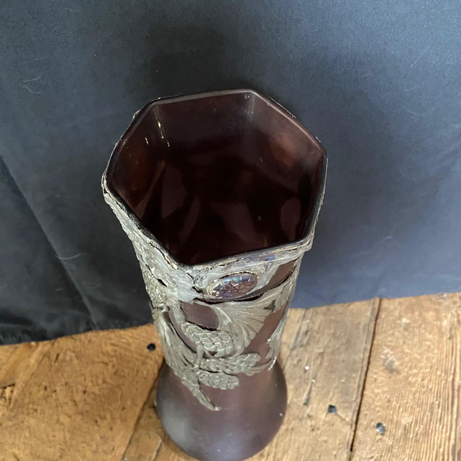 Ensemble de vases et bols à bijoux Art Nouveau français 3 pièces en étain et verre en vente 3