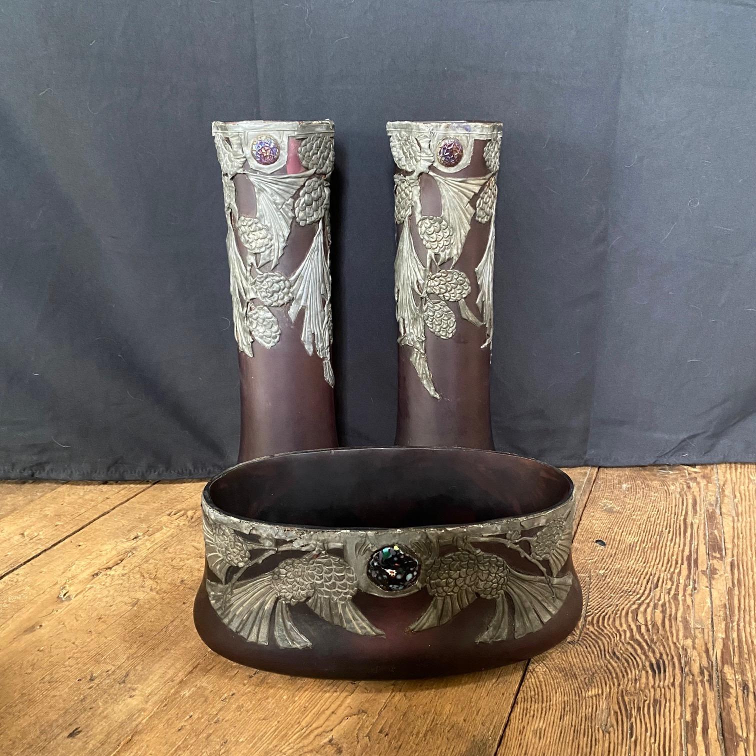 French Art Nouveau 3 Piece Set of Pewter and Glass Jeweled Vases and Bowl For Sale 12