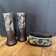 French Art Nouveau 3 Piece Set of Pewter and Glass Jeweled Vases and Bowl