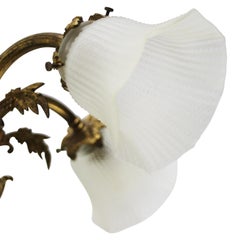 French Art Nouveau 4 Brass Arm, White Glass Chandelier Pendant Light