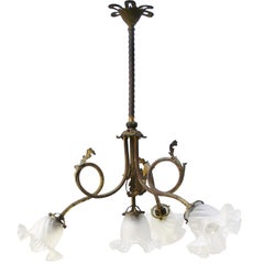 French Art Nouveau 5 Brass Arm, Satin Glass Chandelier Pendant Light