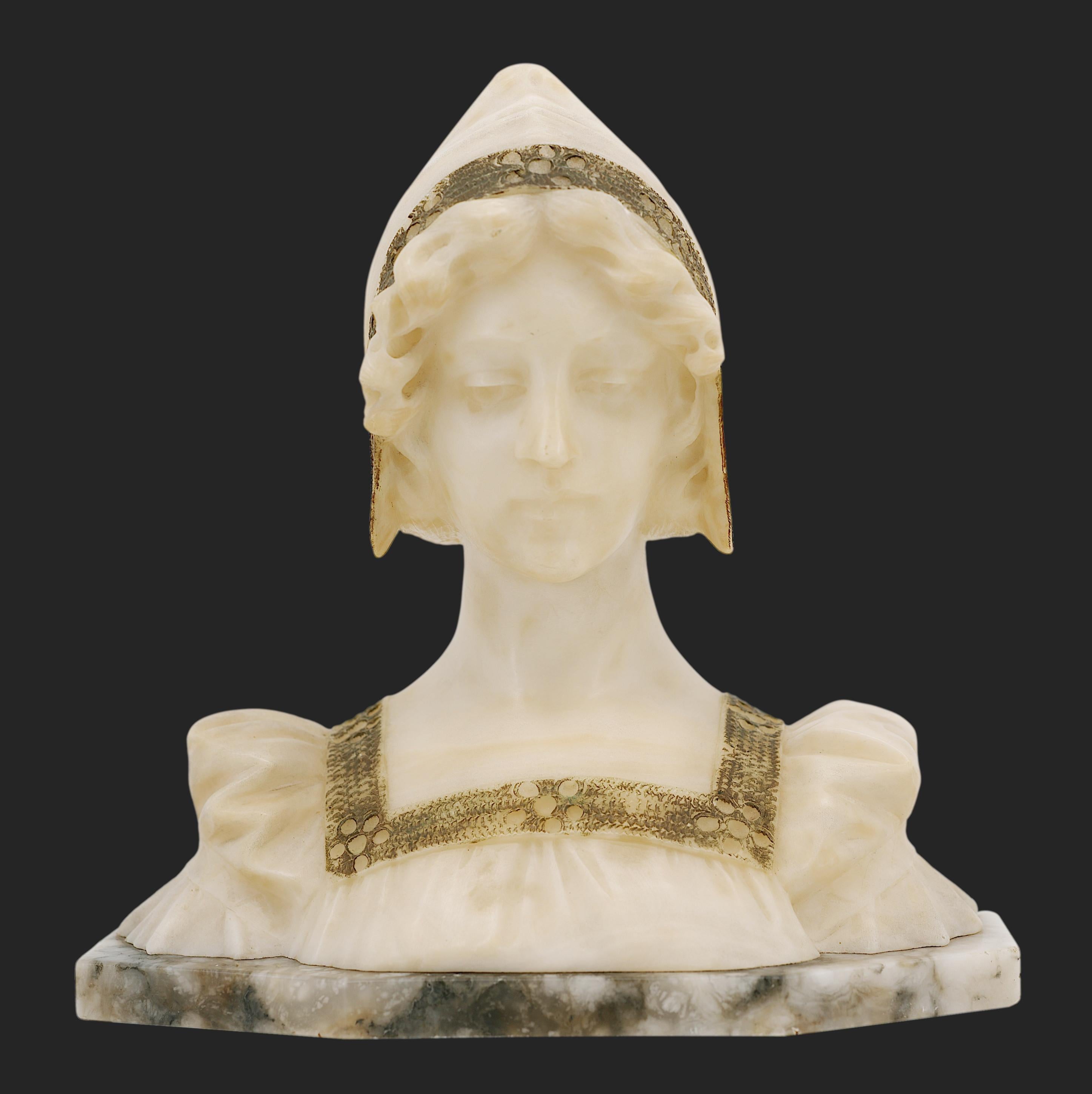 French Art Nouveau sculpture, France,  ca.1900. Young Lady Bust. Alabaster & marble. In direct carving. Height : 12.2