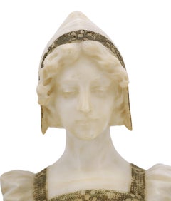 French Art Nouveau Alabaster Bust of Young Lady, Marble Base, ca. 1900