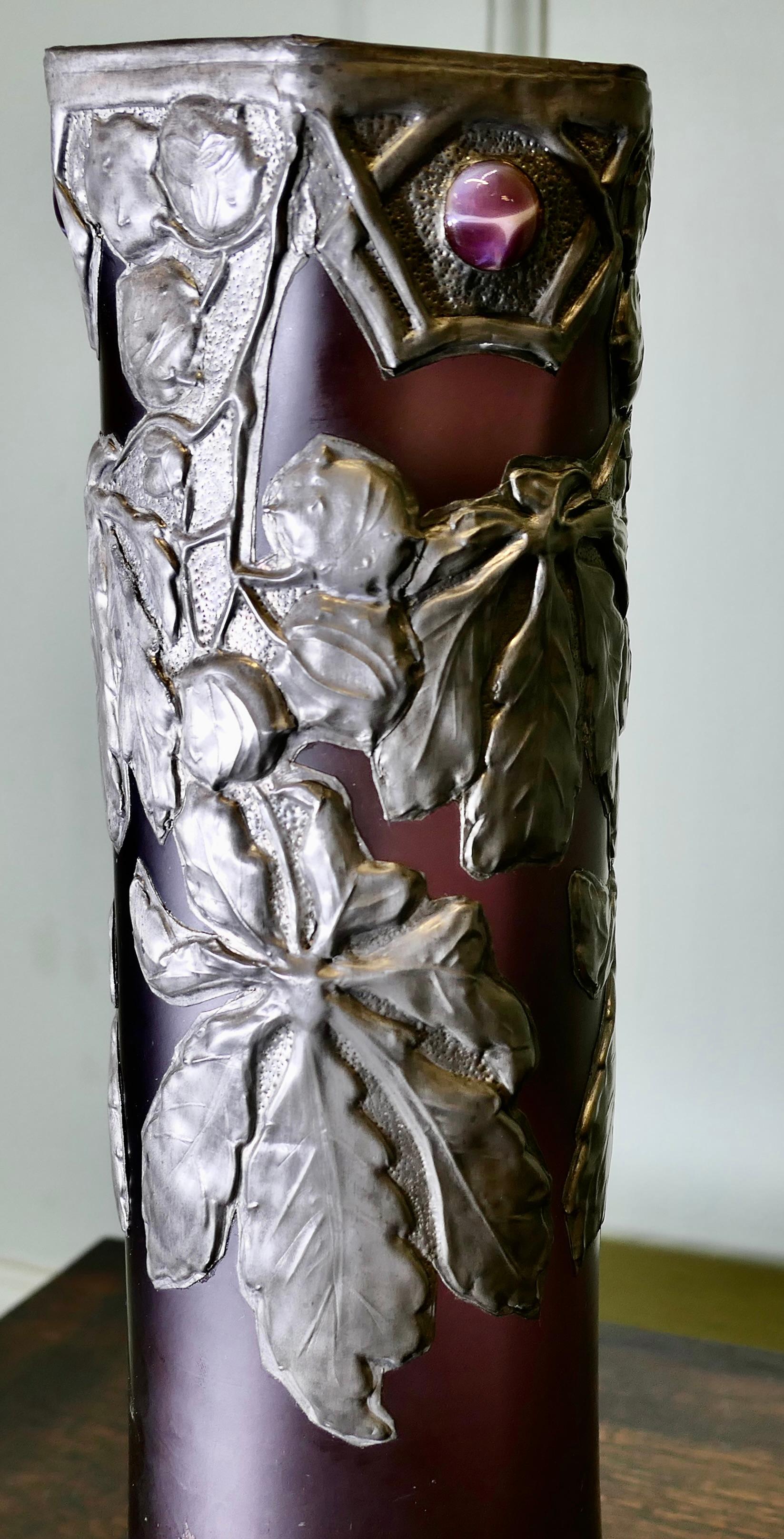 Art Glass French Art Nouveau Amethyst Vase with Pewter Overlay  Tall Aesthetic Amethyst For Sale