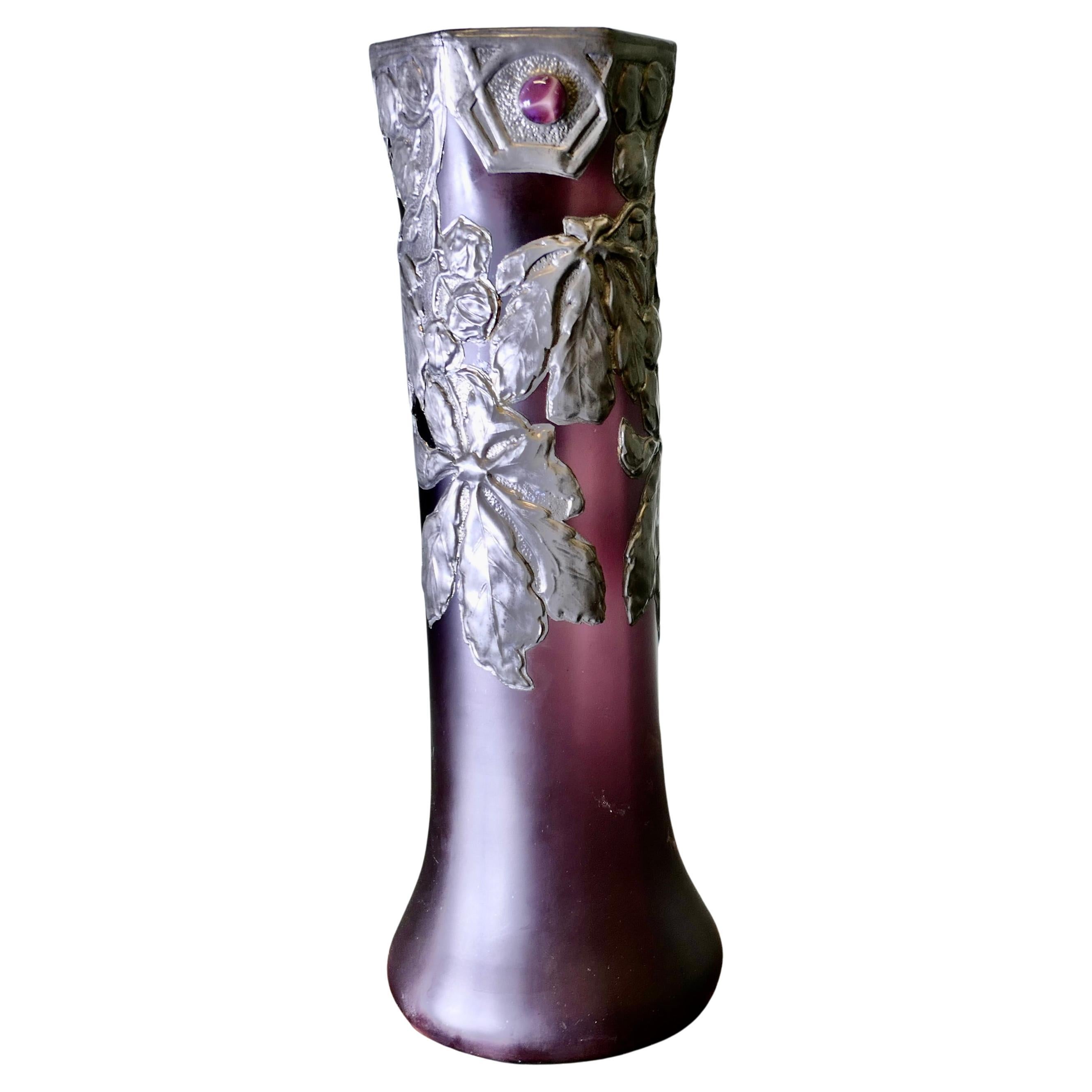 French Art Nouveau Amethyst Vase with Pewter Overlay  Tall Aesthetic Amethyst For Sale