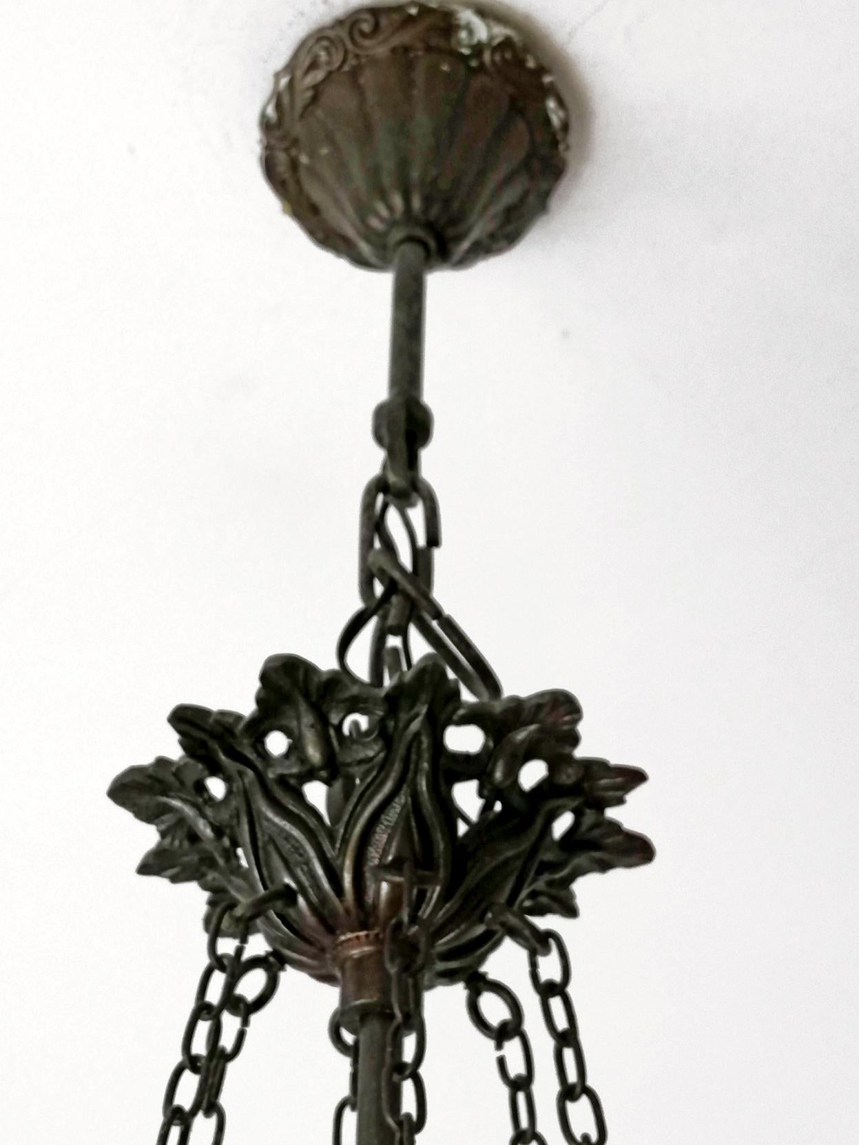 Lampadario a 12 luci in stile Art Nouveau e Art Déco, con cannucce in vetro ambrato e trasparente in vendita 6