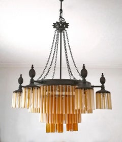 French Art Nouveau and Art Deco Amber and Clear Glass Straws 12-Light Chandelier