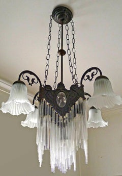 French Art Nouveau and Art Deco Clear Glass Straws Fringe Bronze Chandelier