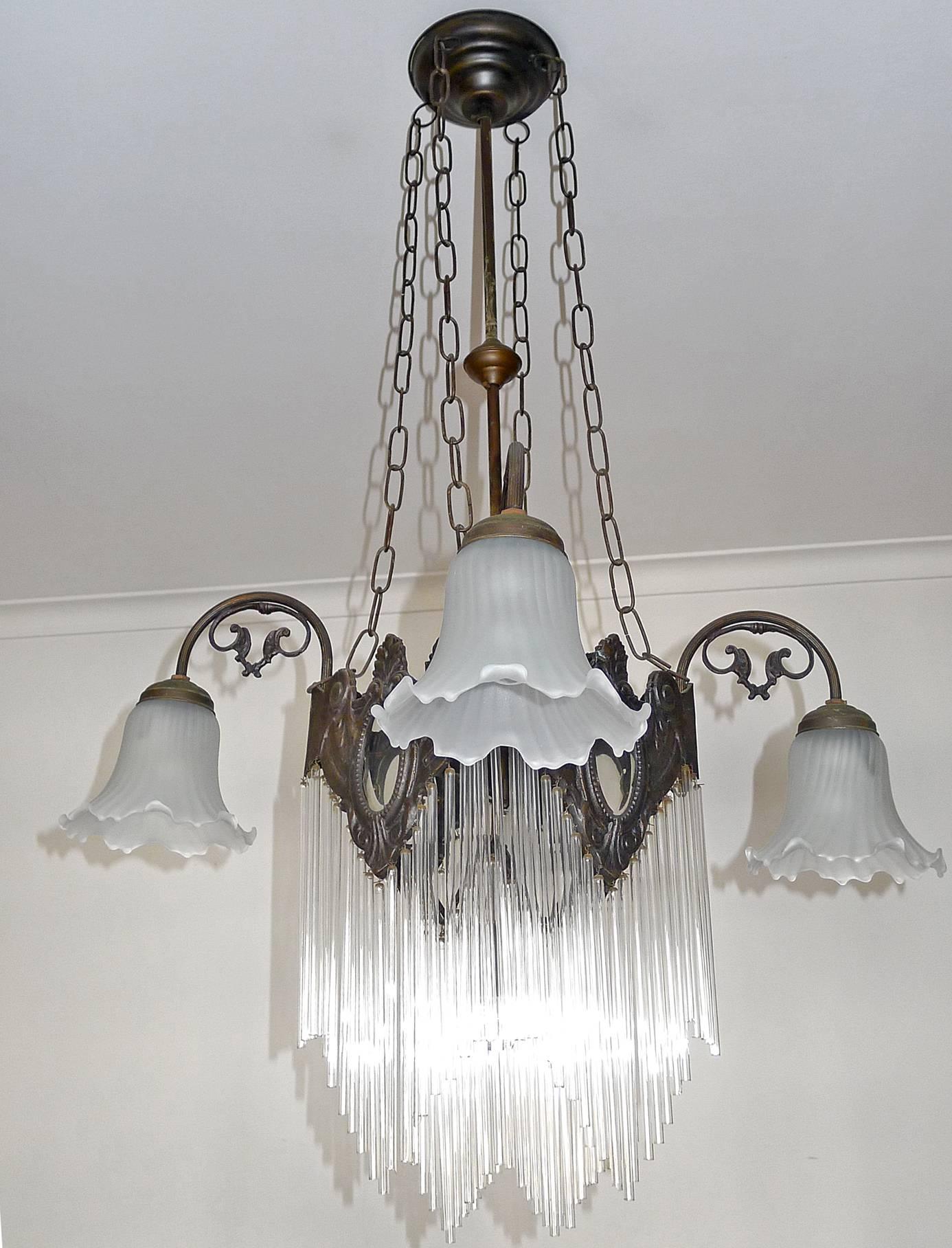 Frosted French Art Nouveau and Art Deco Clear Glass Straws Fringe Bronze Chandelier For Sale