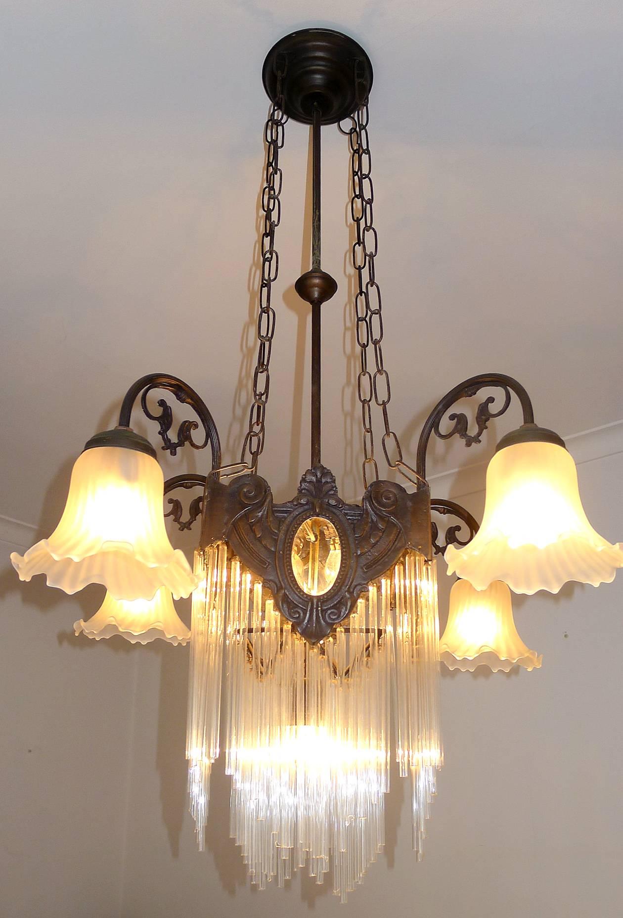 French Art Nouveau and Art Deco Clear Glass Straws Fringe Bronze Chandelier 3
