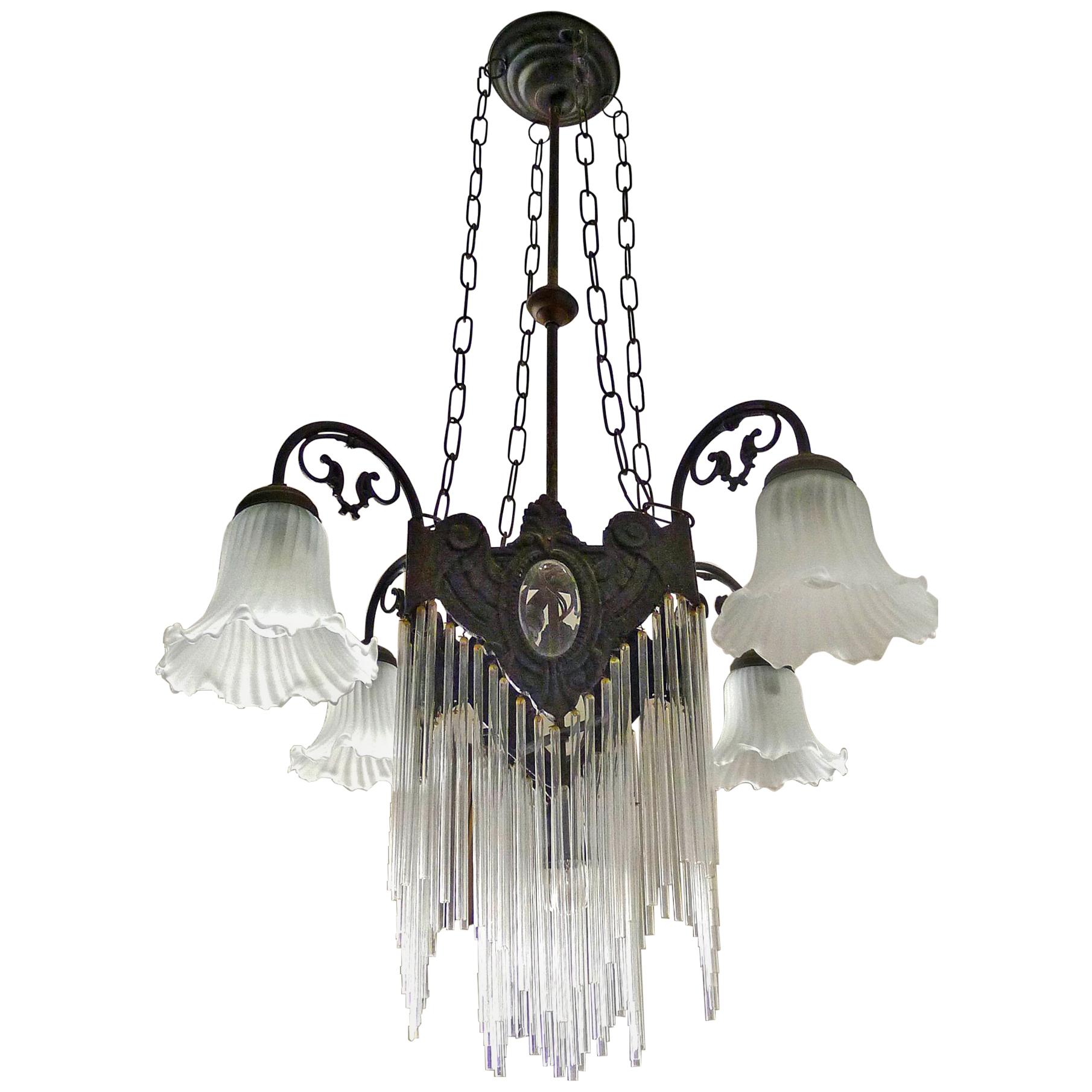 French Art Nouveau and Art Deco Clear Glass Straws Fringe Bronze Chandelier
