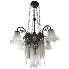 French Art Nouveau and Art Deco Clear Glass Straws Fringe Bronze Chandelier