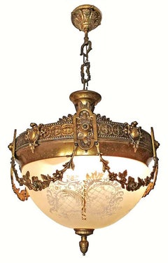 Antique French Art Nouveau and Art Deco Gilt Bronze & Etched Glass Chandelier Flushmount