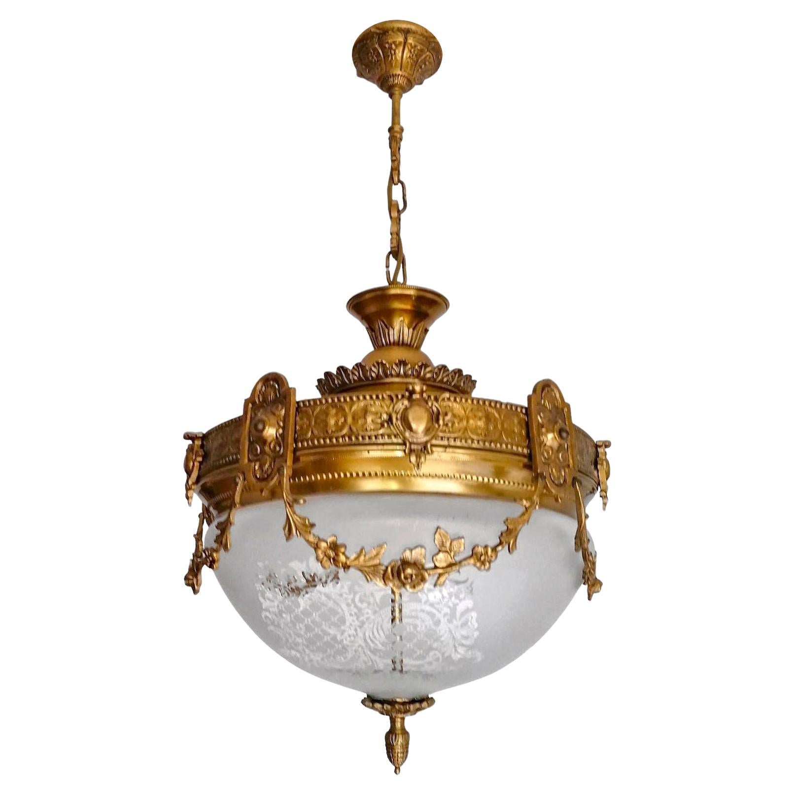 French Art Nouveau and Art Deco Gilt Bronze & Etched Glass Chandelier Flushmount In Good Condition In Coimbra, PT