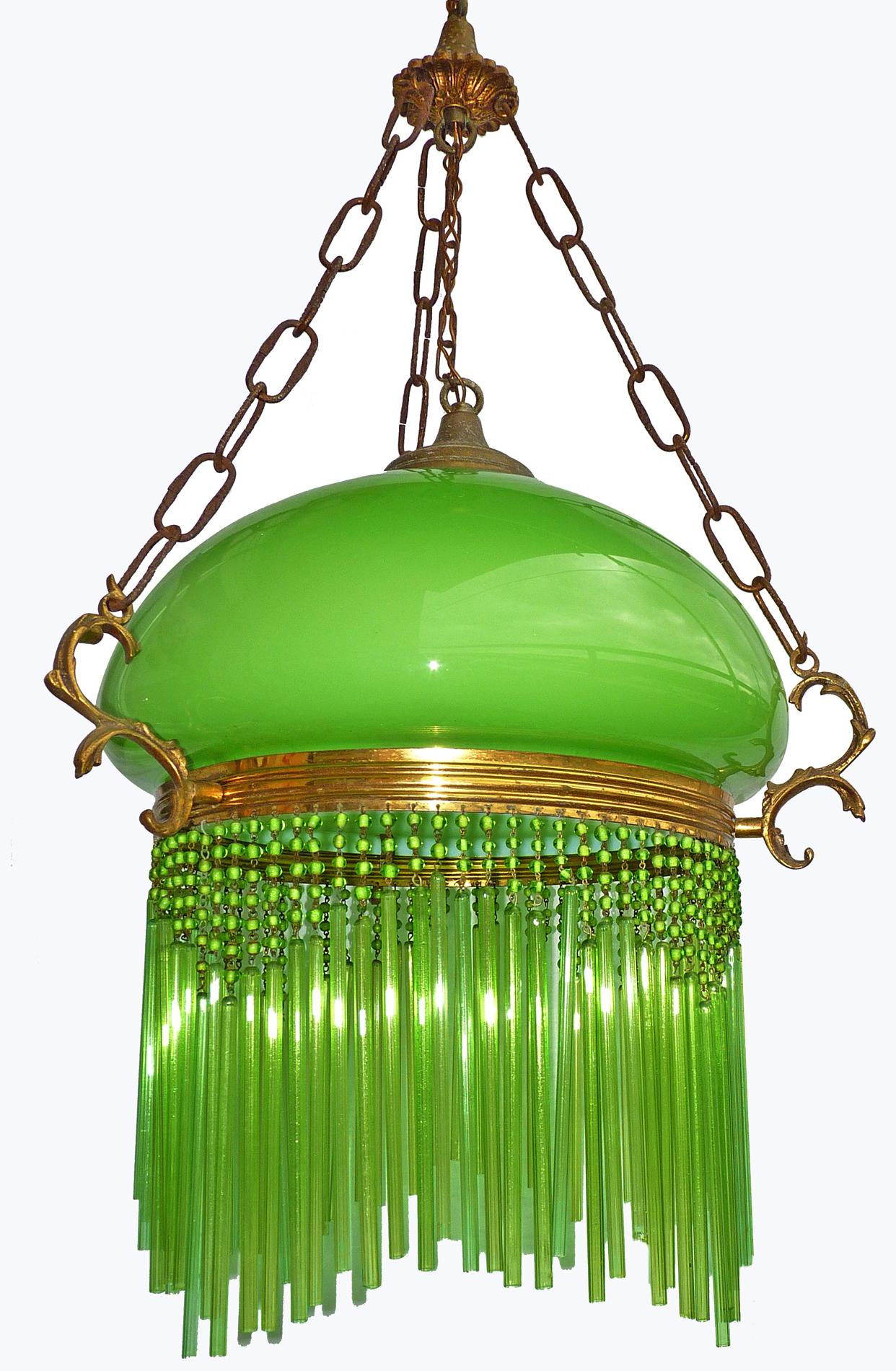 Französischer Jugendstil- und Art Déco-Kronleuchter mit grünem Glasschirm und Strohhalm-Fransen (Italienisch) im Angebot