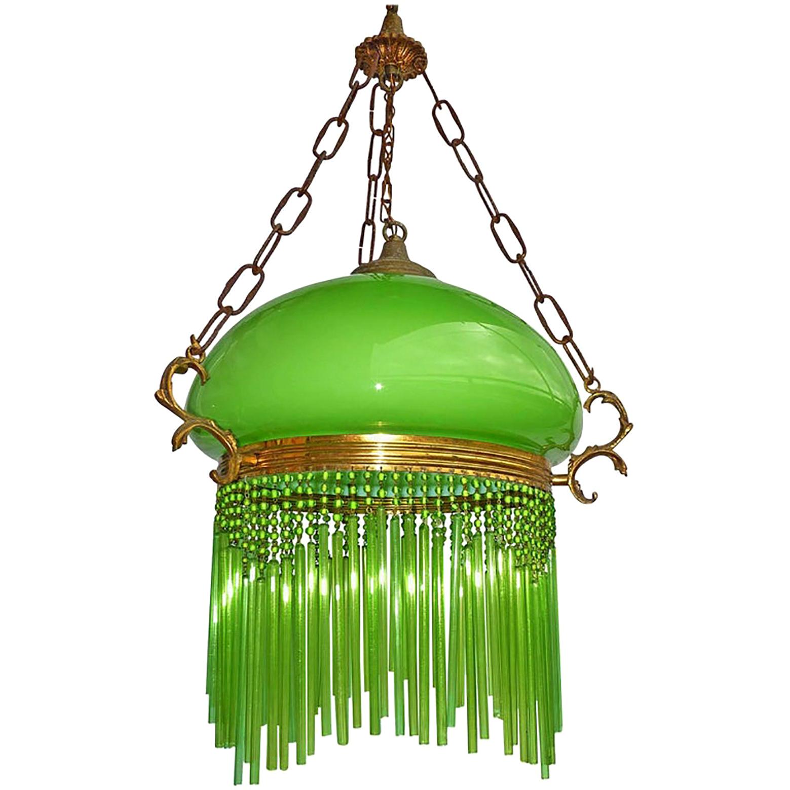 French Art Nouveau and Art Deco Green Glass Shade and Straws Fringe Chandelier