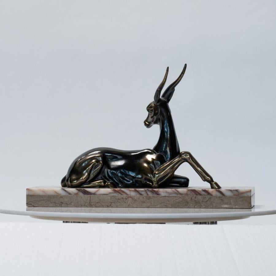 French Art Nouveau Antelope Sculpture, Spelter on Marble Base 2
