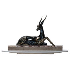 French Art Nouveau Antelope Sculpture, Spelter on Marble Base