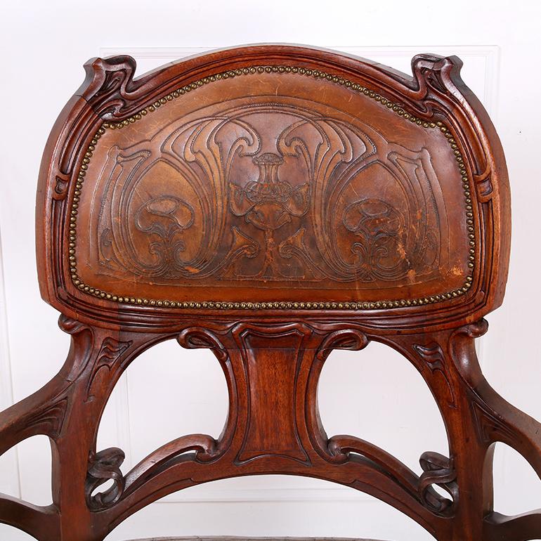 Hand-Carved French Art Nouveau Armchair with Original Leather Upholstery For Sale