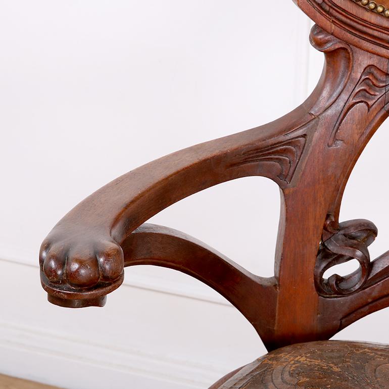 20th Century French Art Nouveau Armchair with Original Leather Upholstery For Sale