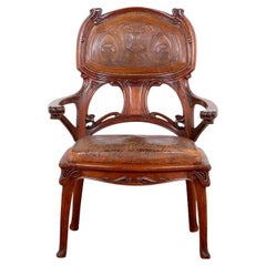 French Art Nouveau Armchair with Original Leather Upholstery