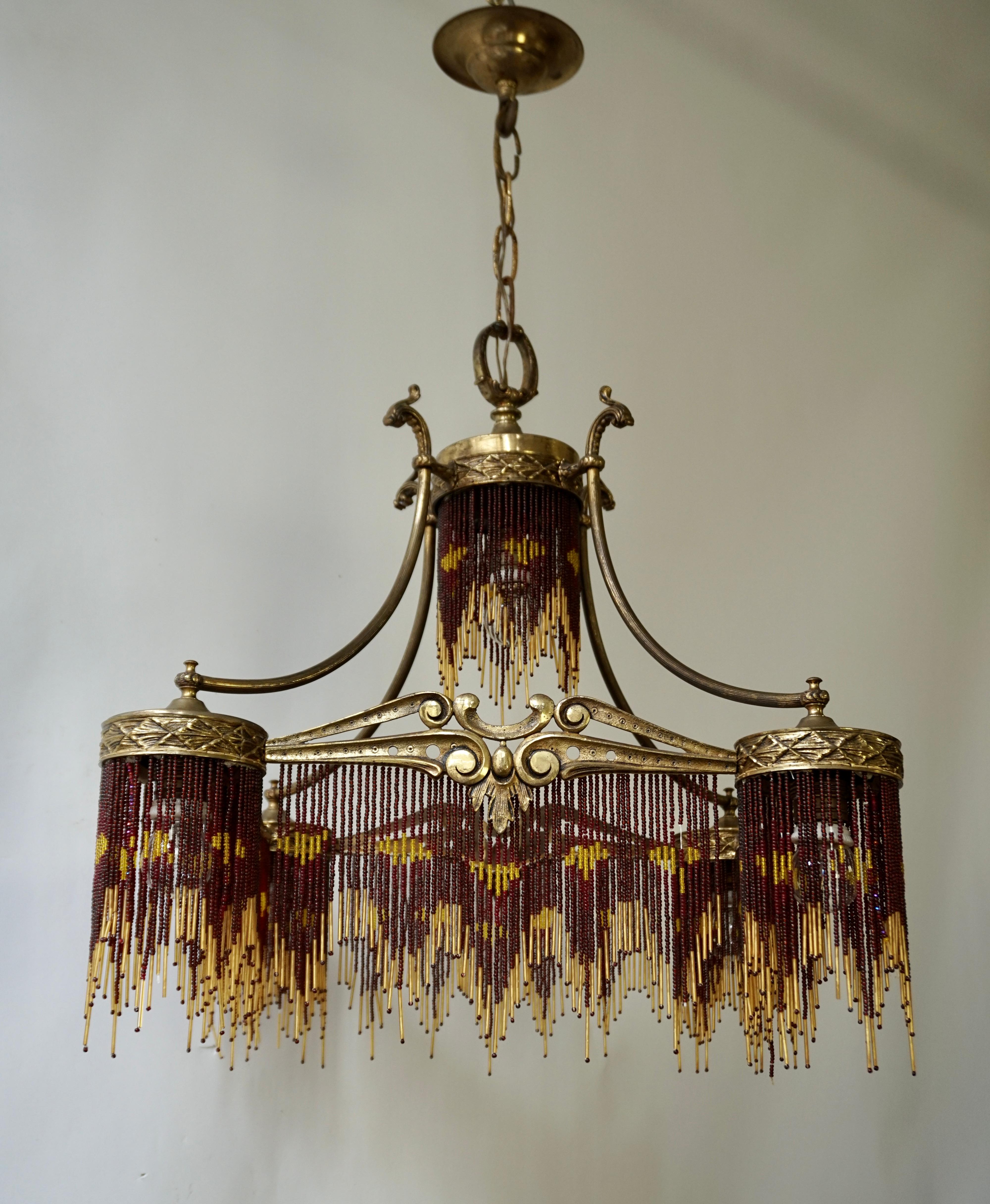 French Art Nouveau and Art Deco Amber Glass Straws Beaded Fringe Chandelier 4