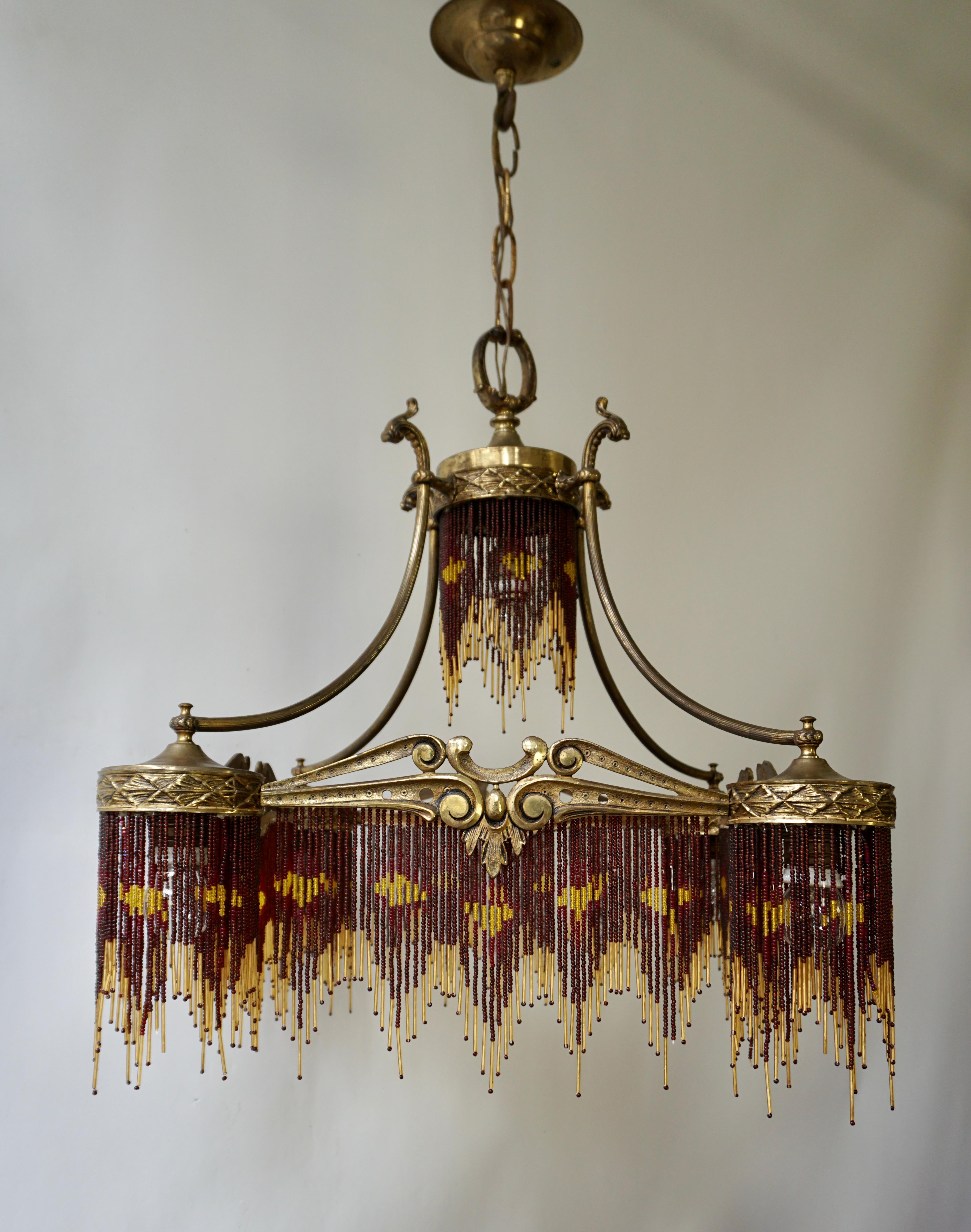 French Art Nouveau and Art Deco Amber Glass Straws Beaded Fringe Chandelier 5