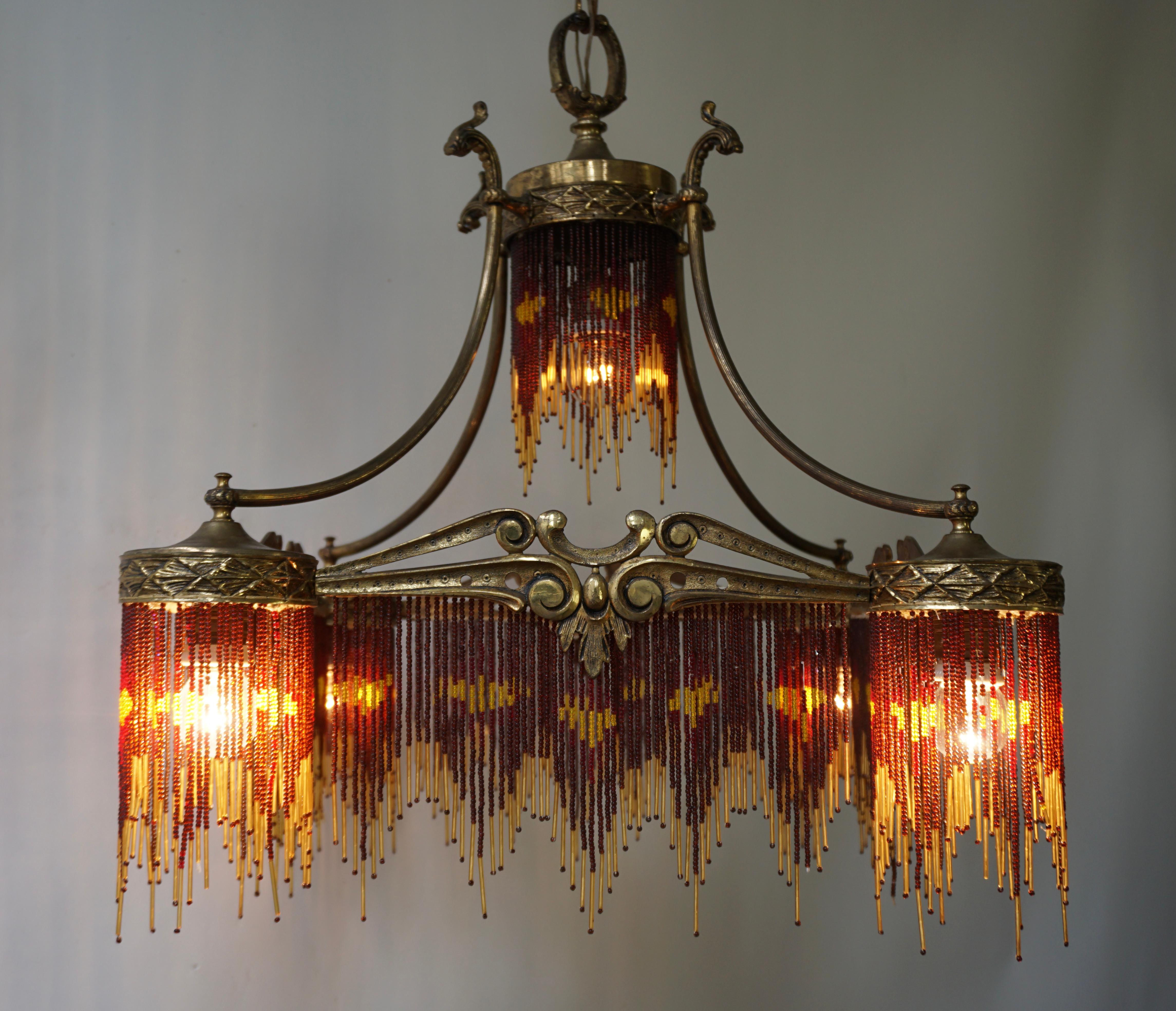 French Art Nouveau and Art Deco Amber Glass Straws Beaded Fringe Chandelier 6