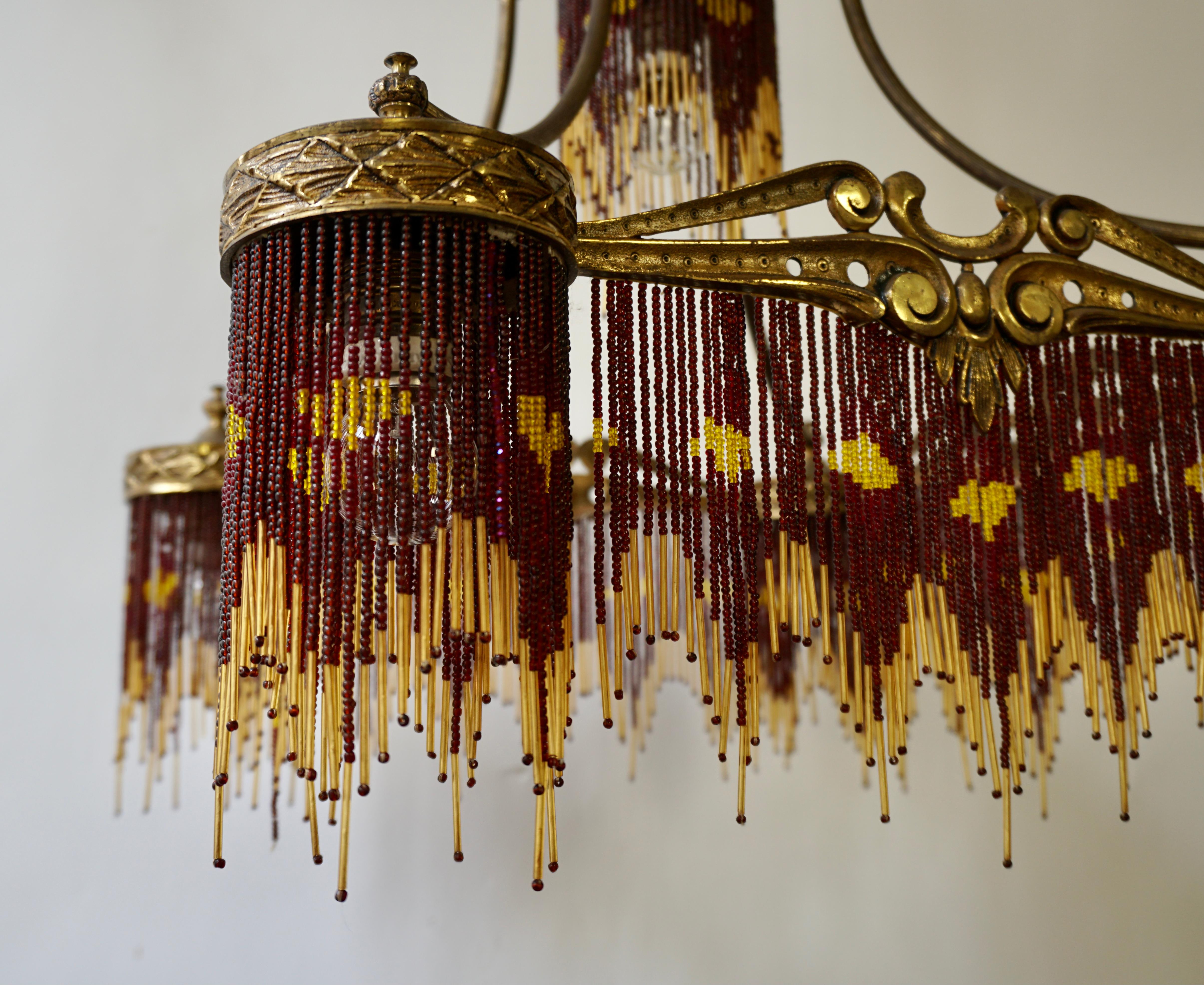 French Art Nouveau and Art Deco Amber Glass Straws Beaded Fringe Chandelier 7